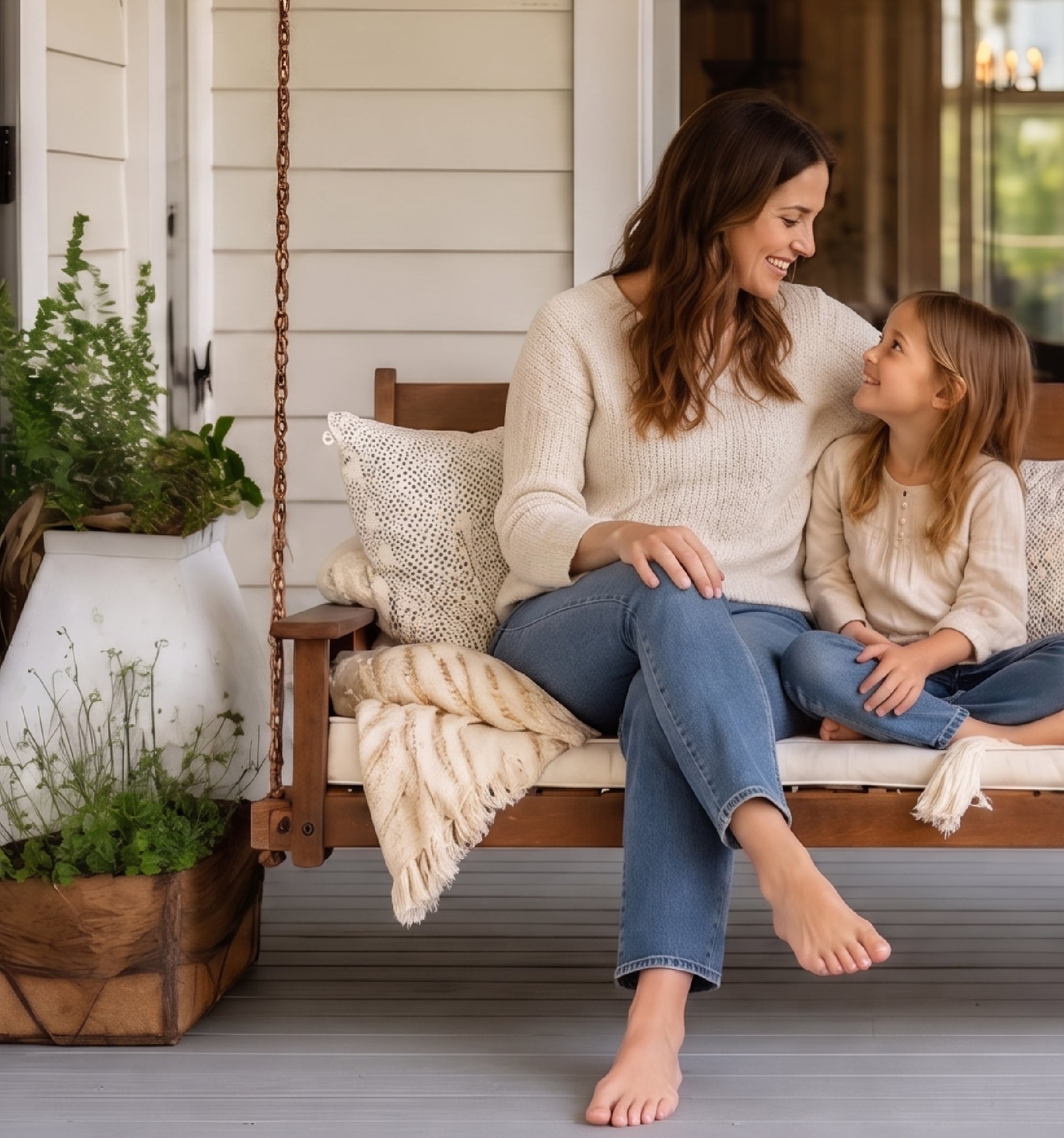 A mother and daughter sitting on a swing on a porch