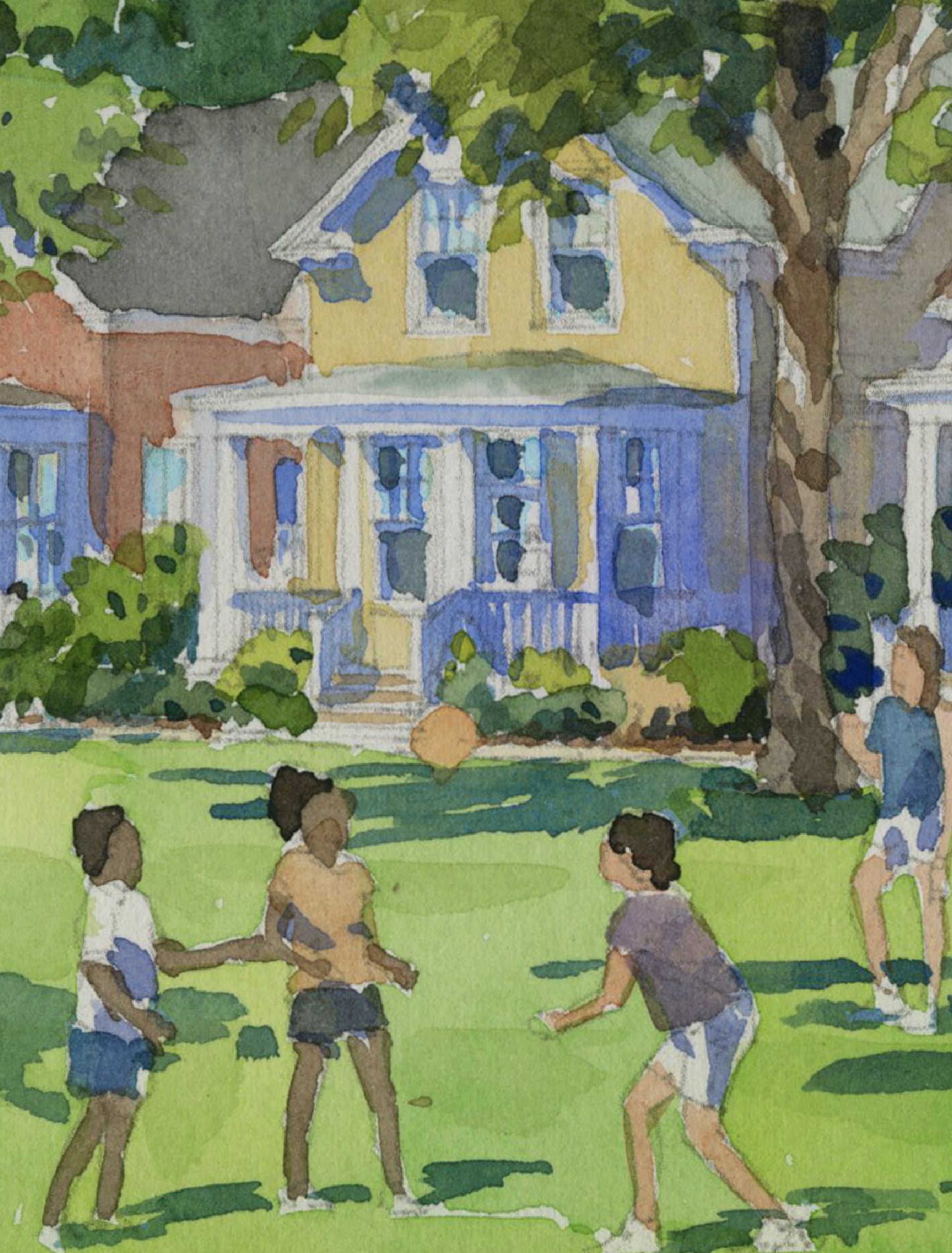 A water color graphic of children playing in a park