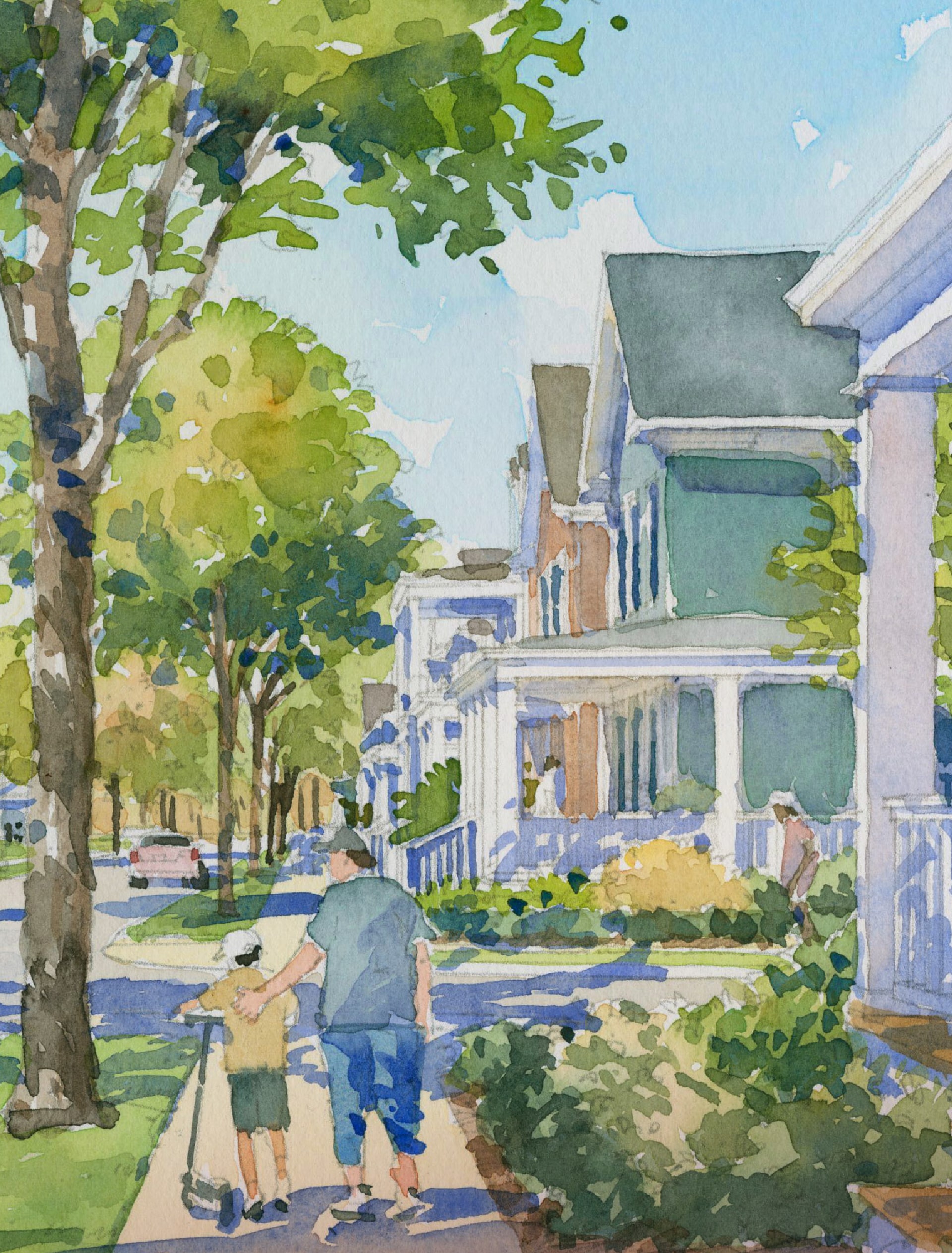 A water color graphic of a boy and his father walking down a sidewalk