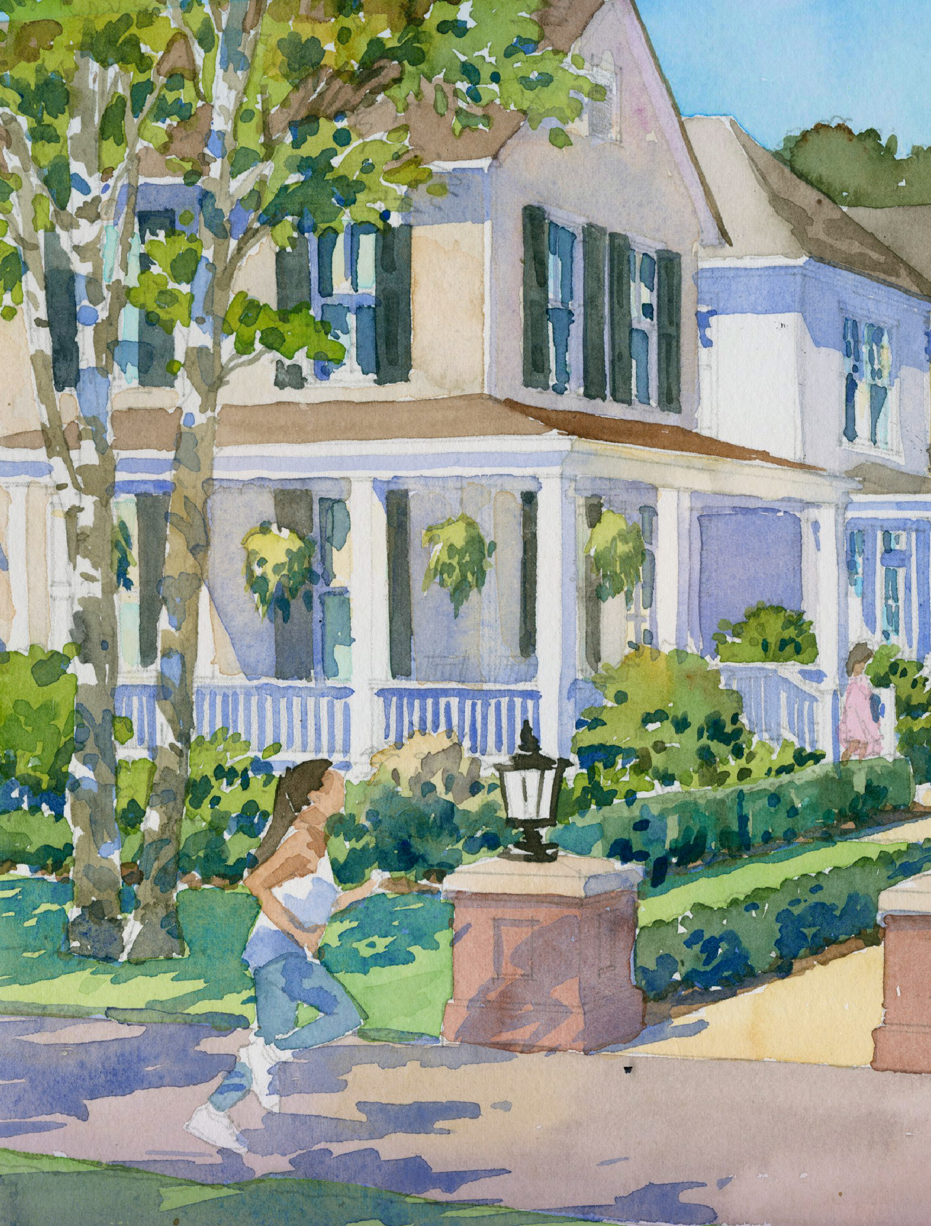 A water color graphic of a runner on a sidewalk