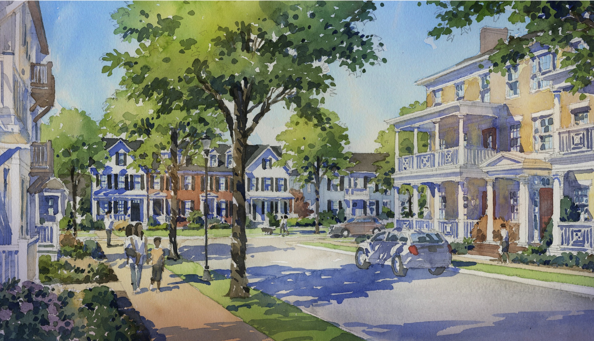 South Brook Webdesign_R6_Welcome Center_Luke-07 A water color graphic of a street in the future South Brook, Alabama neighborhood